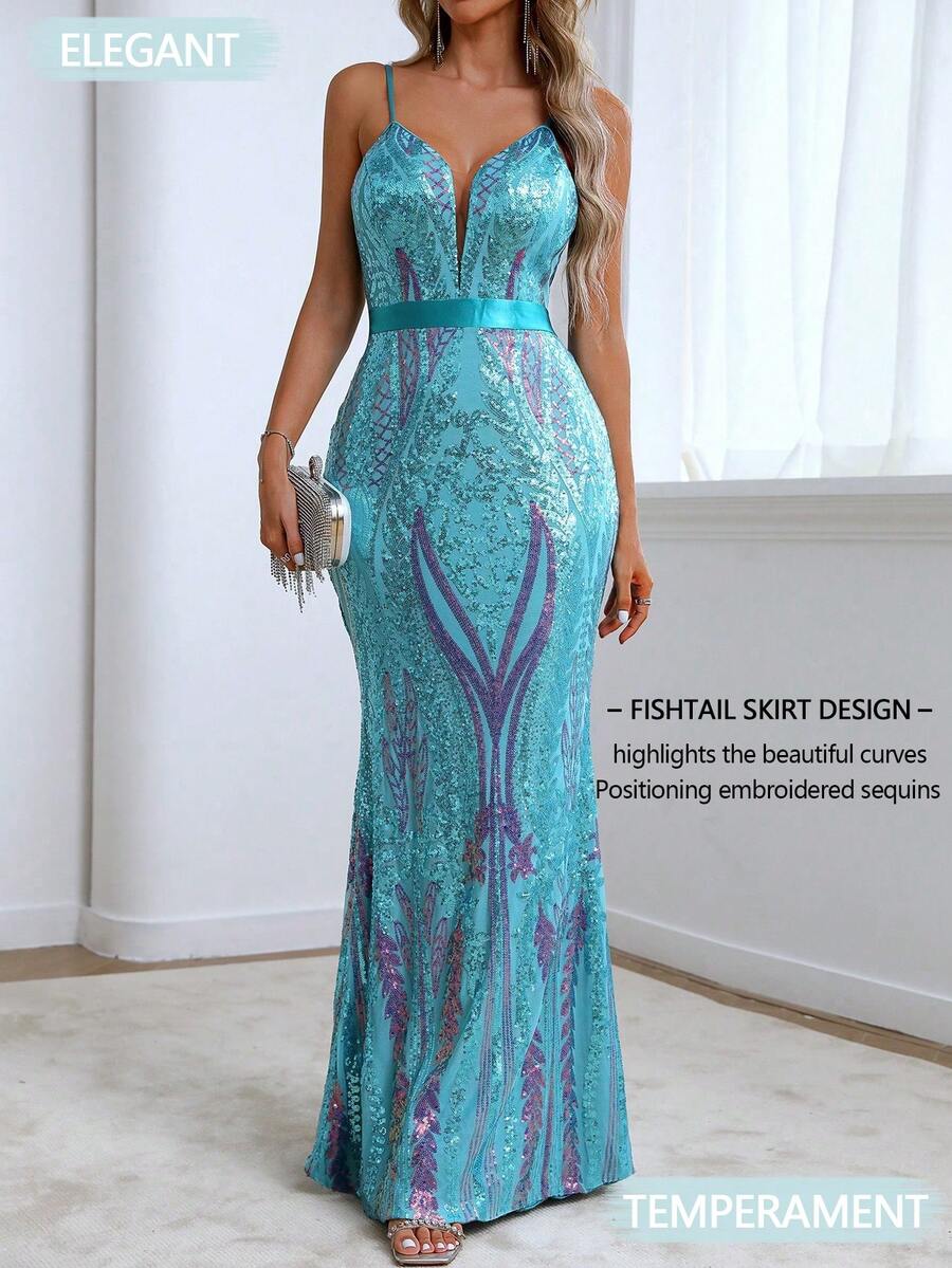 Elegancka damska sukienka z cekinami i dekoltem w serek, typu spaghetti, syrenka, na wieczorne przyjęcie