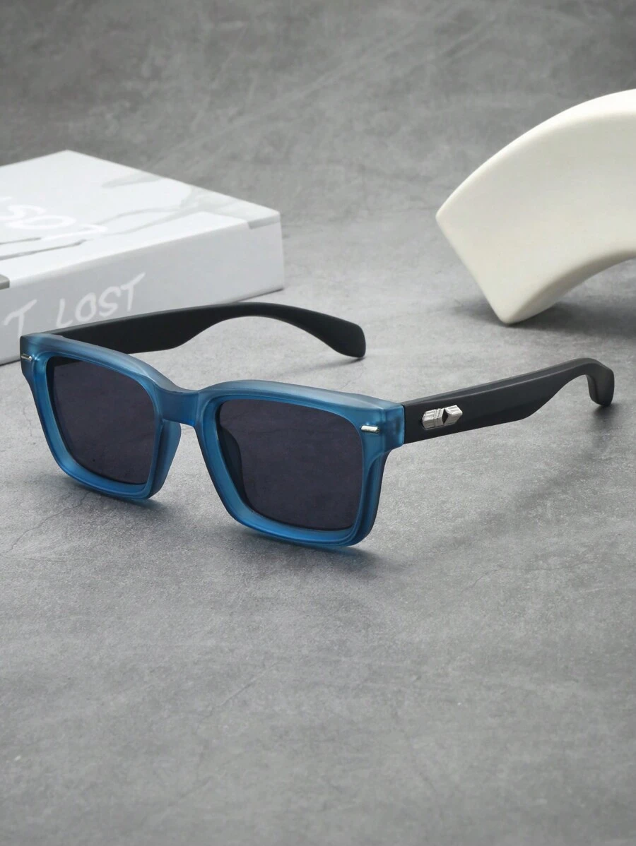 1pc Vintage Square Frame Fashion Glasses For Men (Suitable For Driving, Travel, Leisure, Vacation, Outdoor Activities And Daily Use) Looks Street Style And Suit For Sweater Jacket Sweatshirt Hoodie Leather Pants And Cargo Pants For Summer Beach Vacation,Outdoor,Travel - 藍框黑灰片 - 查看 1