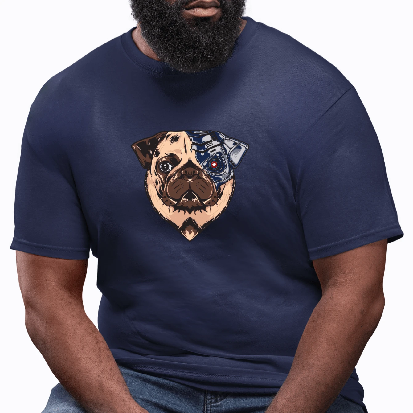 Men's Plus Size Strreetwear Robotic Dog Print Short Sleeve T-Shirt 100% Cotton Mesh - 藏蓝色 - 查看 1