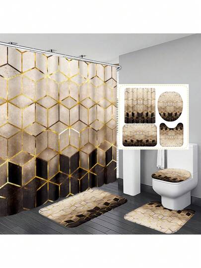 1pc/4pcs Set Gold Geometric Pattern Shower Curtain, Waterproof Curtain With 12pcs Hooks, Bathroom Rug, U-Shape Toilet Mat, Toilet Lid Cover, Bathroom Partition, Bathroom Accessories, Bathroom Decor Fall Decor Back To School