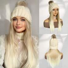 Knitted Hat With 18 Inch Synthetic Long Natural Straight Stylish Hair Extensions,Knitted Hat Wig For Women Halloween, Christmas, Party And Daily Use