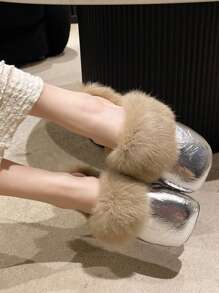 女士休闲一脚蹬穆勒拖鞋，新款圆头毛绒一脚蹬拖鞋，时尚户外服装，秋冬 - 銀色 - 查看 4