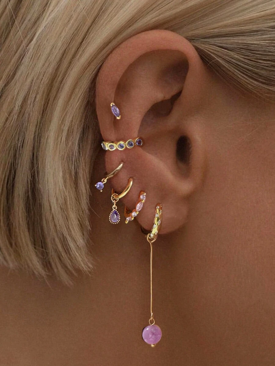 6 件紫色宝石耳环和耳钉套装，适合派对、节日、约会或婚礼 - 金黃色 - 查看 1