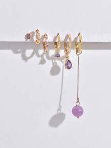 6 件紫色宝石耳环和耳钉套装，适合派对、节日、约会或婚礼 - 金黃色 - 查看 4