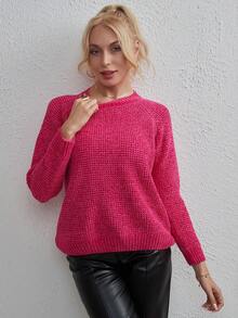 Áo len dài tay đơn giản cổ tròn chất liệu nhung trơn màu cơ bản - Màu Hồng Tươi - Xem 1