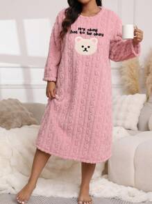 Pijama vestido de manga larga con estampado de perro jacquard, acolchado y con forro polar, ropa de casa suave para mujer de talla grande