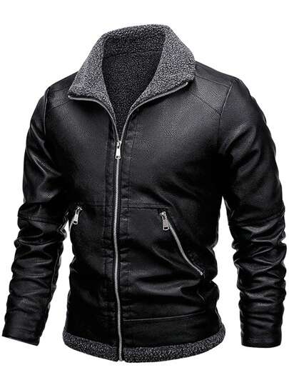 Boyfriend Style Men's Windproof Thermal Lined Leather Jacket, Outdoor Thick Warm Zip Pocket Sports Coat For Winter