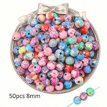 50 件 6/8/10/12 毫米聚合物粘土圆形花形珠子，各种图案软陶瓷隔珠，手工珠宝制作 DIY 手链项链工艺配件 - 彩色 - 查看 9