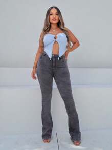 Women's Marbled Flare Pants In Black, Gray And Lead Colors Made With Lycra And Elastane, Ensuring Elasticity And Comfort - 深灰色 - 查看 3