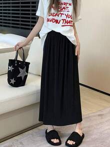 Solid A-Line Long Skirt Casual Black Spring - Black - View 5