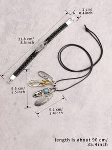 1 套绿松石首饰：男士个性化雕刻多层黑色皮革手链、鹰爪绿松石羽毛吊坠、锌合金棕色绳长链项链、情侣套装