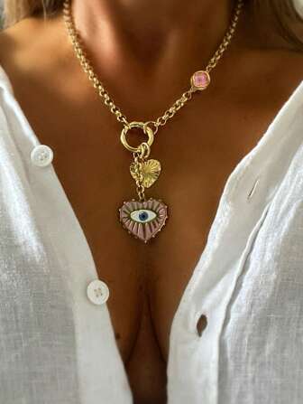 1 件装金色心形项链大号金色三色心形吊坠心形项链吊坠大型心形吊坠项链配四叶草装饰情人节礼物