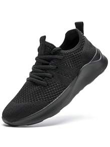 女士简约风格运动路跑鞋舒适步行健身鞋网眼透气运动鞋户外健身鞋系带运动鞋黑色 - 黑色 - 查看 11