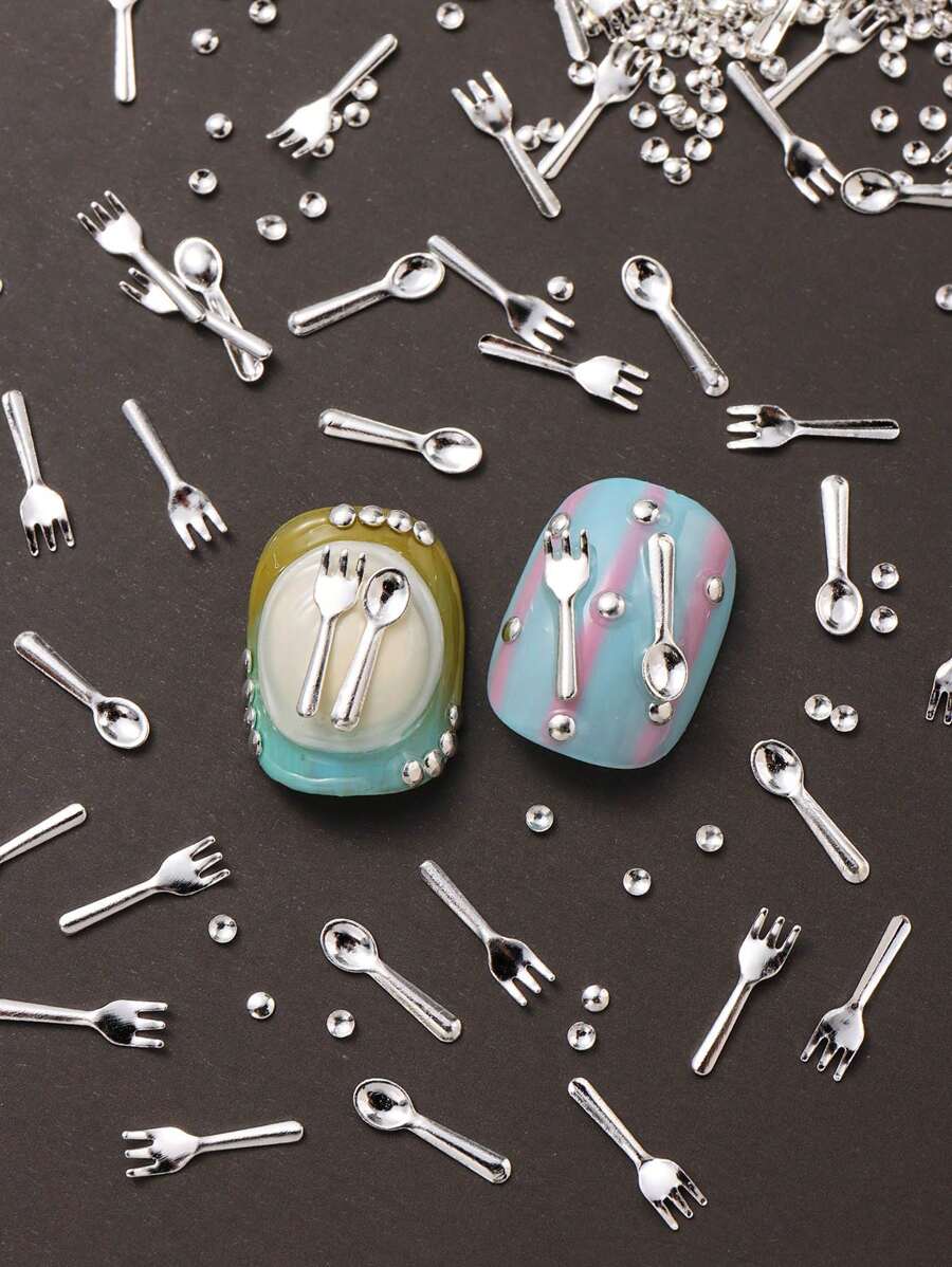 FULL BEAUTY 1 包银色趣味迷你餐具美甲装饰金属铆钉 Y2K 日式勺叉娃娃屋微缩厨房美甲饰品美甲装饰美甲宝石 - 彩色 - 查看 1