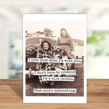 1pc, Funny Birthday Card, Two Women Rode On The Head And Said, I Love That When I'm With You, I Don't Have To Pretend, Cartoon Pattern Funny Friendship Greeting Card For Best Friend's Birthday, The Best Gift For Friends And Family, High Quality Print Size 6.29in X 4.33in, Includes Envelope, Just Because Card, Frien