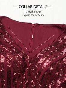 Women's Elegant Sequin V-Neck Slit Mesh Hollow Long Sleeve Party Evening Dress - Burgundy - View 7