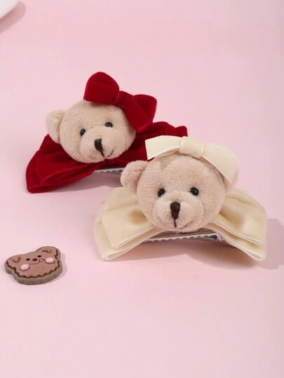 1pc Velvet Mini Bear Hair Clip With Tiny Bow, Cute Bear Hair Accessory For Girls
