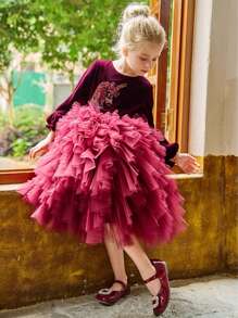 Tween-Mädchen Samt A-Linien Tortenkleid mit Langarm, Herbst/Winter