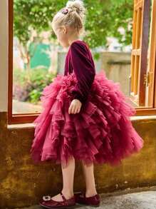 Tween-Mädchen Samt A-Linien Tortenkleid mit Langarm, Herbst/Winter