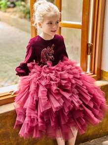 Tween-Mädchen Samt A-Linien Tortenkleid mit Langarm, Herbst/Winter