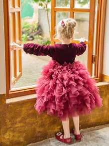 Tween-Mädchen Samt A-Linien Tortenkleid mit Langarm, Herbst/Winter