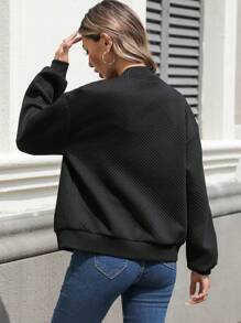 Women's Autumn/Winter Stylish Textured Jacket Outwear Drop Shoulder Long Sleeve Zipper Top With Pockets - màu đen - Xem 2