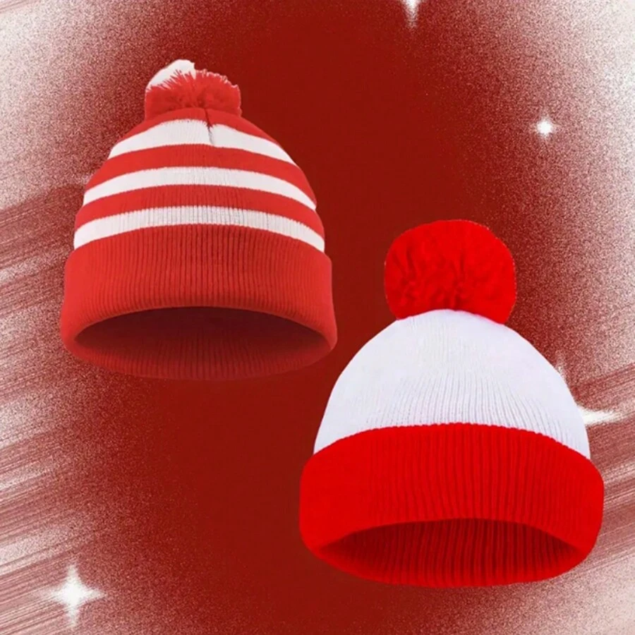 1 件圣诞条纹绒球无檐便帽 - 双层腈纶针织帽，轻质弹力帽，适合秋冬季 - 彩色 - 查看 1