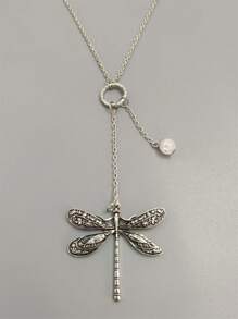 1pc Vintage Bohemian Style Green Dragonfly Design Pendant Necklace, Suitable For Women Party Travel Jewelry Gift
