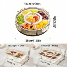 1 hộp đựng thực phẩm có 4/6/8 ngăn, khay nhựa dung tích lớn có nắp đậy kín, đĩa chia ngăn có tay cầm dùng cho tiệc/hội nghị, đế xoay tròn/hình chữ nhật, thích hợp để đựng kẹo, trái cây, các loại hạt, trái cây khô, hạt cà phê, đồ ăn nhẹ, phù hợp cho gia đình, phòng khách, nhà bếp, khách sạn, văn phòng, đám cưới, có thể dùng làm hộp đựng đồ, hộp sắp xếp bàn làm việc, cũng thích hợp làm quà Giáng sinh. - 1 cái - Xem 10