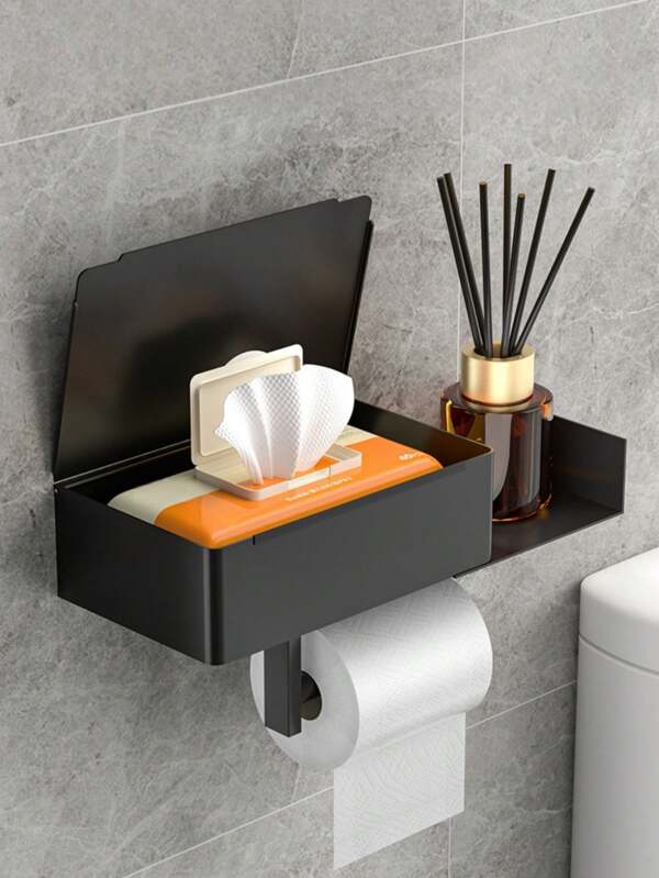 1 Stück schwarzer Toilettenpapierhalter mit Erweiterungsregal, 304 Edelstahl wandmontierter Toilettenpapier-Spender Regal, einfach zu installieren ohne Bohren, Heim-Dekoration für Badezimmer und Küche, Badezimmer Dekoration Sommer