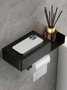 1 pieza Portarrollos de papel higiénico negro con estante de almacenamiento extensible, dispensador de papel de pared de acero inoxidable 304 fácil de instalar sin necesidad de taladrar, organizador de baño y cocina, decoración de verano para el baño