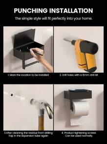 1 pieza Portarrollos de papel higiénico negro con estante de almacenamiento extensible, dispensador de papel de pared de acero inoxidable 304 fácil de instalar sin necesidad de taladrar, organizador de baño y cocina, decoración de verano para el baño