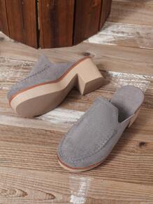 Women Casual High Heel Slip-On Closed Toe Shoes With Stitching - Grey - View 7