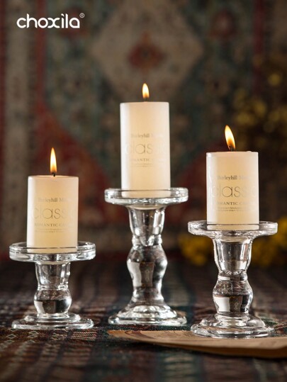 choxila 1pc Glass Candle Holder, Clear Candle Holder, Decorative Candlestick, Crystal Candlestick With Round Base,Room Decor,