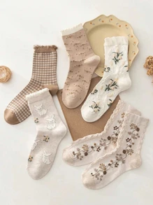 5 Pairs Socks Female Spring/Autumn Literature And Art Tubular Socks Japanese Autumn And Winter Thickened Retro Girls' Ins Socks