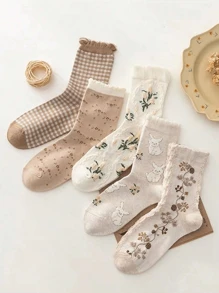5 Pairs Socks Female Spring/Autumn Literature And Art Tubular Socks Japanese Autumn And Winter Thickened Retro Girls' Ins Socks