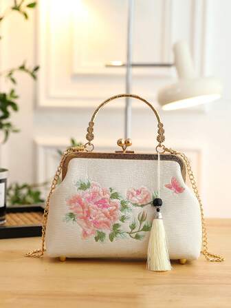 Embroidered Women's Handbag, Chinese Style Tote Shoulder Messenger Bag With Pearl Chain, Cheongsam Style Cross-Border Bag