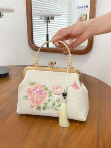 Embroidered Women's Handbag, Chinese Style Tote Shoulder Messenger Bag With Pearl Chain, Cheongsam Style Cross-Border Bag
