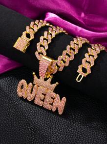 1set Women's Pink Rhinestone Studded Hip Hop Nightclub Style Letter Crown "KING" "QUEEN" Pendant Necklace Jewelry Set, Personalized Crown Design With Sparkling Crystals, Suitable For Daily Wear And Party Accessories