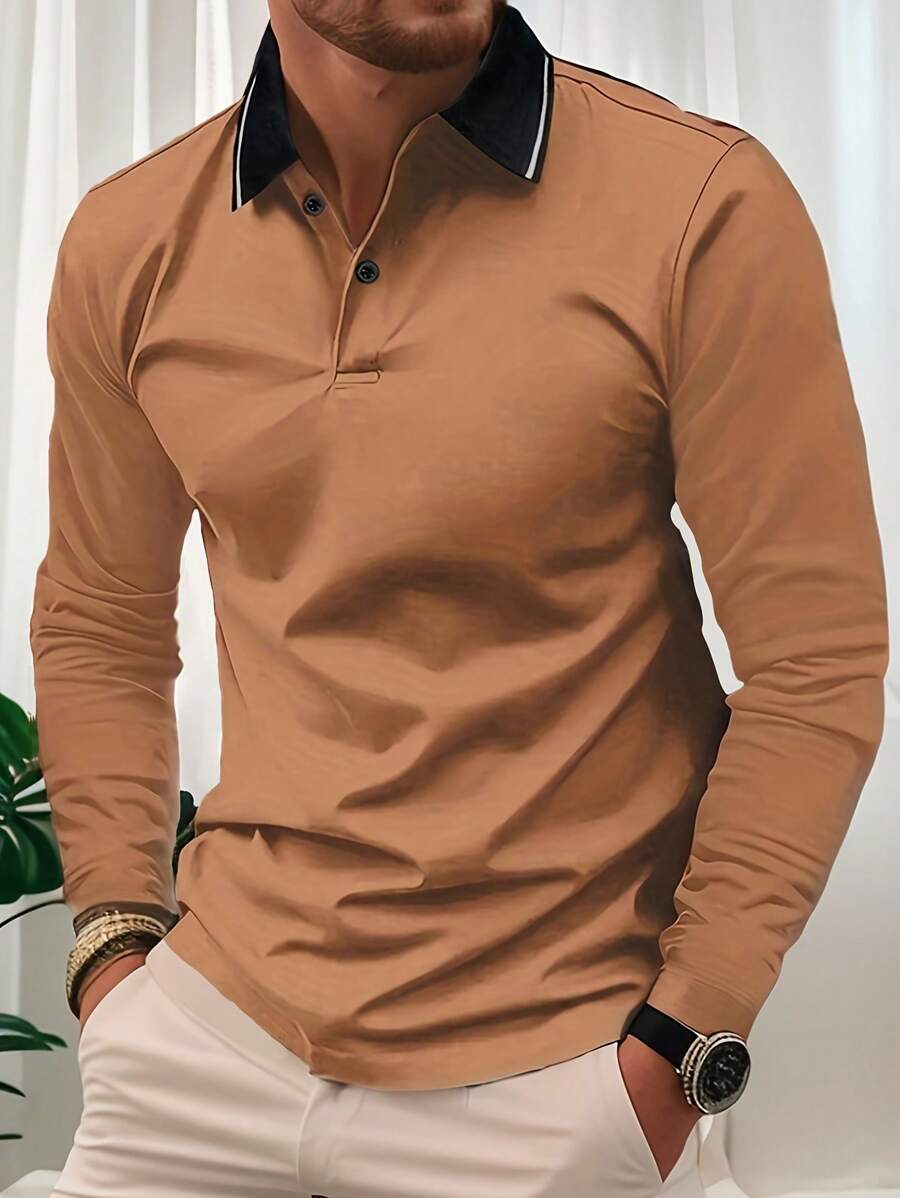 男款長袖polo衫,春秋新品,經典復古polo衫,簡約風格,商務時尚的純色上衣,寬鬆版型,適合運動、休閒和度假,抗皺透氣 - 咖啡棕 - 查看 1