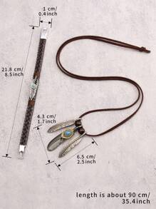 1 套绿松石首饰：男士个性化雕刻多层黑色皮革手链、鹰爪绿松石羽毛吊坠、锌合金棕色绳长链项链、情侣套装