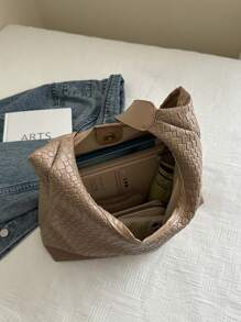 时尚女士新月形编织 PU 皮革单肩包，带零钱包、腋下包