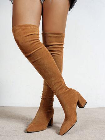 Women's Fashion Over-The-Knee Boots With Zipper, Pointed Toe, Chunky Heel, Versatile For All Seasons,Wear With Jacket Sexy Lady Boots