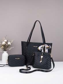 3 件套：双层波浪绗缝单肩手提包，配套迷你方形单肩包和带猫吊坠的水桶包，适合女孩和女士在多种场合穿着