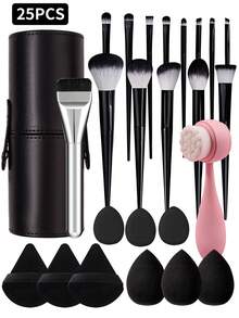 25支/13支/8支/6支/1支化妆刷套装，包含20支化妆刷、散粉刷、腮红刷、高光刷、眼影刷、睫毛膏刷、眼线刷、轮廓刷；6个三角粉扑（用于定妆粉）、柔软三角海绵粉扑（用于散粉、身体粉、粉底液混合）；8个美妆蛋；1个防水化妆品收纳桶。套装包含：化妆刷套装、化妆刷套装、化妆刷套装、全套化妆刷、化妆刷套装、全套化妆工具、化妆刷套装、化妆刷套装、化妆礼盒套装。 - 黑色 - 查看 8
