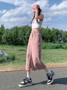 休闲时尚洗水开衩中长牛仔裙 - 粉色 - 查看 4