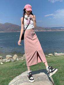 休闲时尚洗水开衩中长牛仔裙 - 粉色 - 查看 3