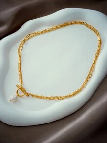 1pc Minimalist Vintage Baroque Pearl Asymmetrical OT Buckle Stainless Steel Double Layer Chain Punk Metal Necklace, Suitable For Daily Wear - Yellow Gold - View 4