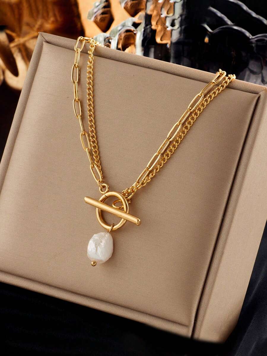 1pc Minimalist Vintage Baroque Pearl Asymmetrical OT Buckle Stainless Steel Double Layer Chain Punk Metal Necklace, Suitable For Daily Wear - Yellow Gold - View 1