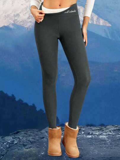 Damskie legginsy termiczne z haftem, z wysokim stanem, grube i ciepłe na zimę